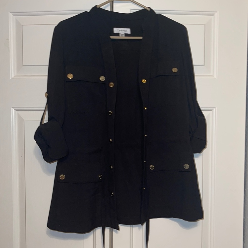 Calvin Klein Womens Black Collared Blouse Top